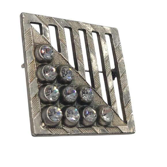 Vintage Square Rhinestone Brooch Silver-Tone Geometric Design 1.5" - Picture 4 of 8